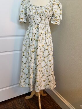 Anthropologie White and Yellow Floral Puff-Sleeve Midi Dress